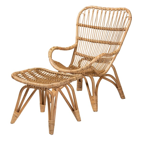 Baxton Studio Earvin Modern Bohemian Natural Brown Rattan 2Piece Armchair and Footstool Set - 224-12707-12708-ZORO