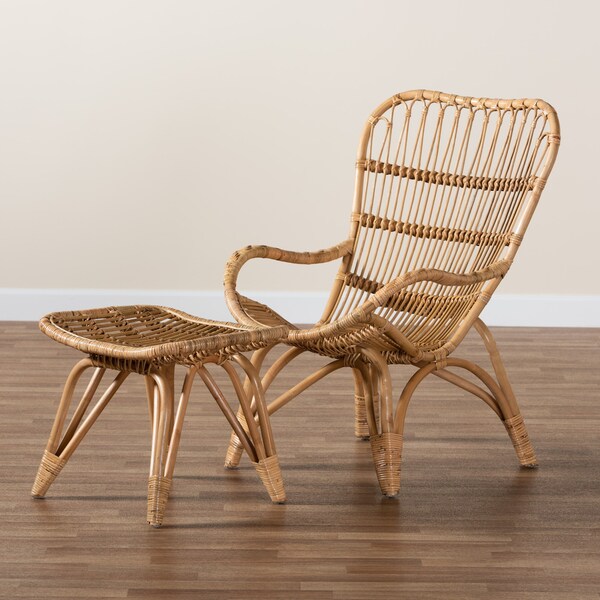 Baxton Studio Earvin Modern Bohemian Natural Brown Rattan 2Piece Armchair and Footstool Set - 224-12707-12708-ZORO