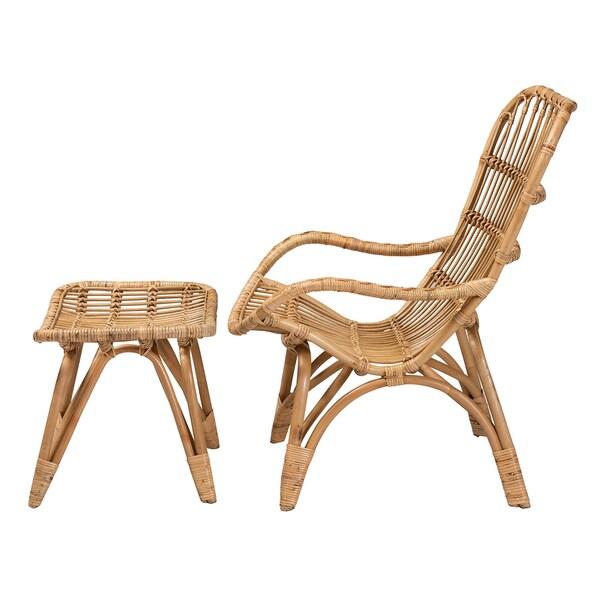 Baxton Studio Earvin Modern Bohemian Natural Brown Rattan 2Piece Armchair and Footstool Set - 224-12707-12708-ZORO