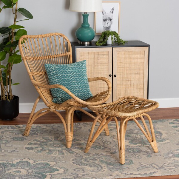 Baxton Studio Earvin Modern Bohemian Natural Brown Rattan 2Piece Armchair and Footstool Set - 224-12707-12708-ZORO