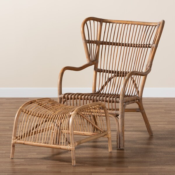Baxton Studio Lamaria Modern Bohmenian Natural Brown Antique Rattan 2Piece Chair and Footstool Set - 219-12715-12716-ZORO