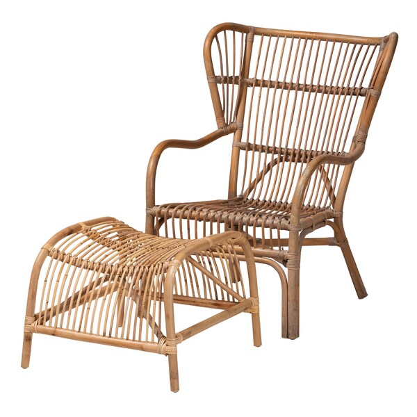 Baxton Studio Lamaria Modern Bohmenian Natural Brown Antique Rattan 2Piece Chair and Footstool Set - 219-12715-12716-ZORO