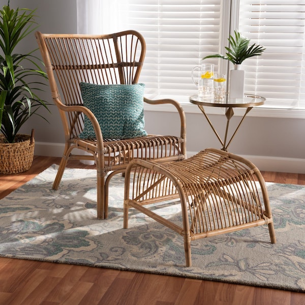 Baxton Studio Lamaria Modern Bohmenian Natural Brown Antique Rattan 2Piece Chair and Footstool Set - 219-12715-12716-ZORO
