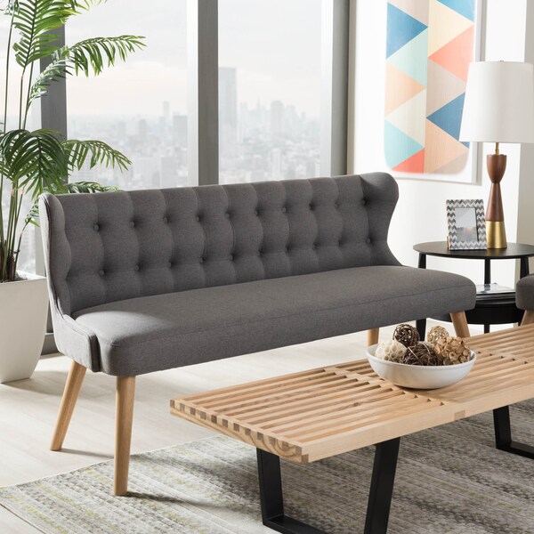 Baxton Studio Melody Grey and Natural Wood Finishing 3-Seater Settee Bench - 131-7103