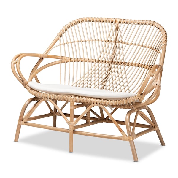 Baxton Studio Jayden Bohemian White Fabric Upholstered and Natural Brown Finished Rattan 5-Piece Living Room Set - 205-12693-12694-12695