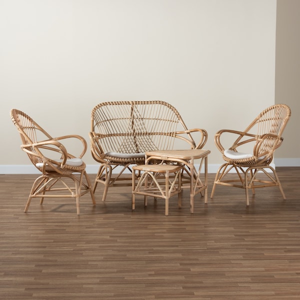 Baxton Studio Jayden Bohemian White Fabric Upholstered and Natural Brown Finished Rattan 5-Piece Living Room Set - 205-12693-12694-12695