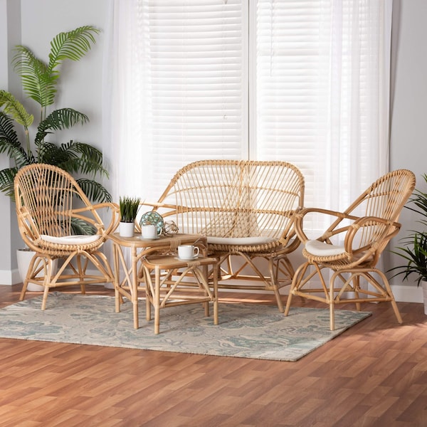 Baxton Studio Jayden Bohemian White Fabric Upholstered and Natural Brown Finished Rattan 5-Piece Living Room Set - 205-12693-12694-12695
