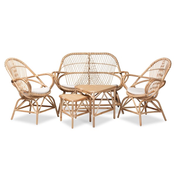 Baxton Studio Jayden Bohemian White Fabric Upholstered and Natural Brown Finished Rattan 5-Piece Living Room Set - 205-12693-12694-12695