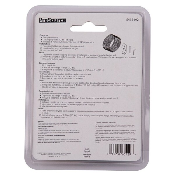 Prosource Picture Hanging Kit, 10 lb, Steel, Zinc, Zinc, Nail-In Mounting - PH-121123-PS
