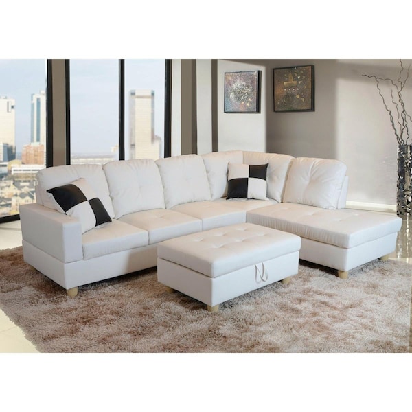 Golden Coast Furniture Beverly Fine Furniture Right Facing Russes Sectional Sofa Set with Ottoman, White - F092B