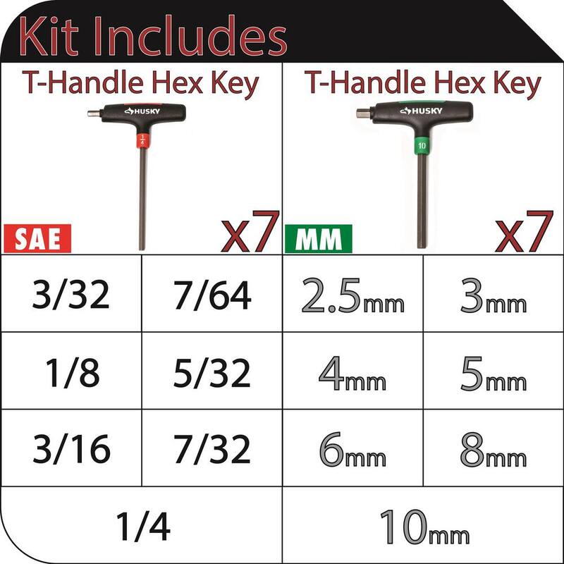 Set de llaves hexagonales Husky de 14 piezas con mango en T en medidas estándar SAE y métricas - HTHKSM14PCN