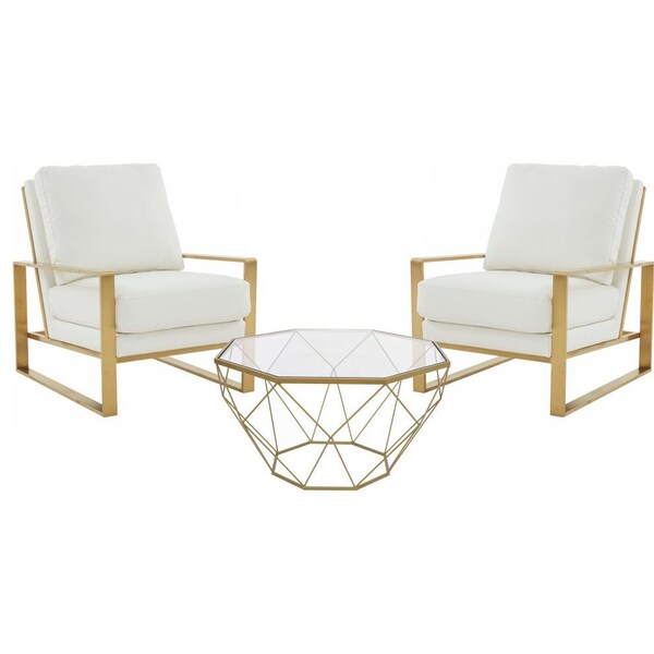 Leisuremod Jefferson Leather Armchair, Gold Frame and Large Octagon Coffee Table, Geometric Base, White - JAG29MD31W2-L