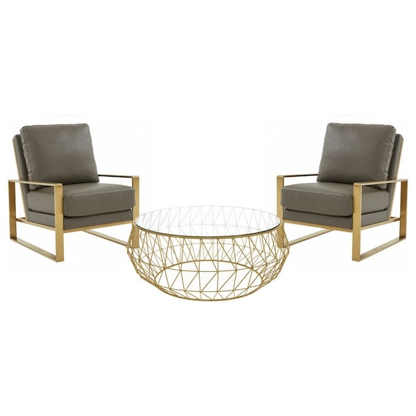 Leisuremod Jefferson Leather Armchair with Gold Frame, Round Coffee Table with Glass Top, Grey - JAG29MD39GR2-L