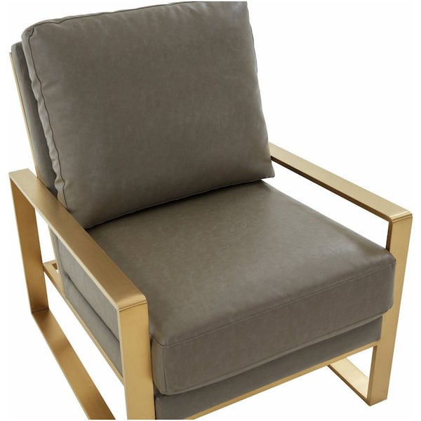 Leisuremod Jefferson Leather Armchair with Gold Frame, Round Coffee Table with Glass Top, Grey - JAG29MD39GR2-L