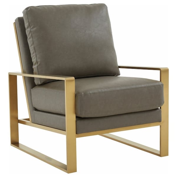 Leisuremod Jefferson Leather Armchair with Gold Frame, Round Coffee Table with Glass Top, Grey - JAG29MD39GR2-L