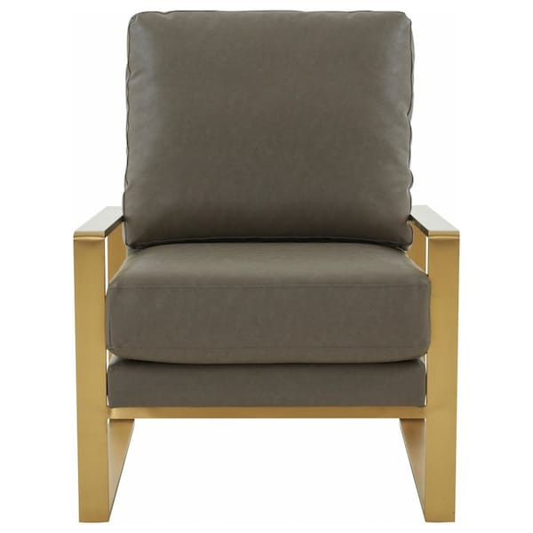 Leisuremod Jefferson Leather Armchair with Gold Frame, Round Coffee Table with Glass Top, Grey - JAG29MD39GR2-L