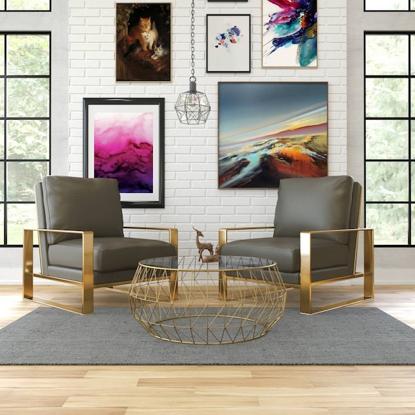 Leisuremod Jefferson Leather Armchair with Gold Frame, Round Coffee Table with Glass Top, Grey - JAG29MD39GR2-L