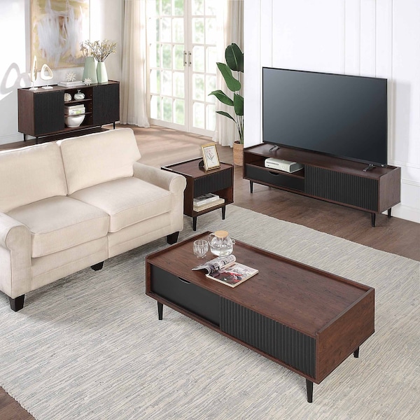 Manhattan Comfort Duane 4 Piece Living Room Set: Sideboard, TV Stand, Coffee Table, Nightstand in Dark Brown and Black - 4-8911GLF-BK