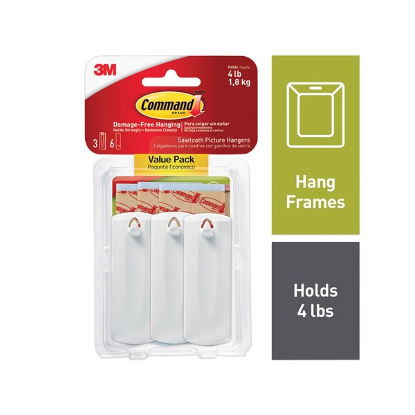 Command Sawtooth Picture Hanger Value Pack, Large, Plastic, White, 5 lb Capacity, 3 Hooks and 6 Strips/Pack - 17042