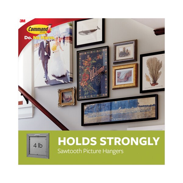 Command Sawtooth Picture Hanger Value Pack, Large, Plastic, White, 5 lb Capacity, 3 Hooks and 6 Strips/Pack - 17042