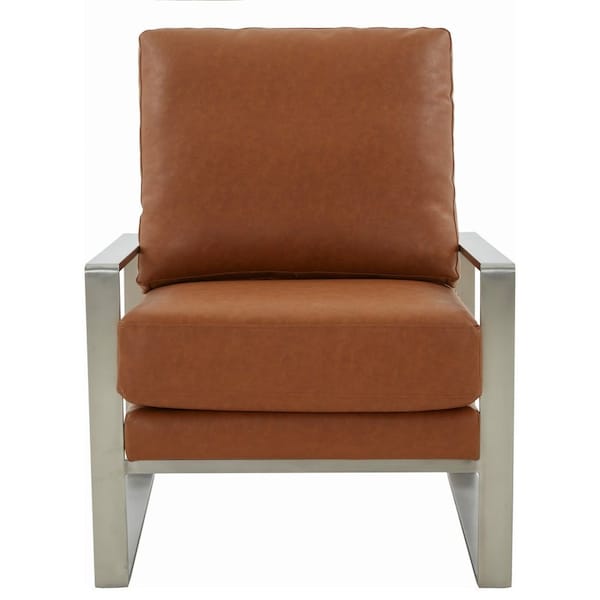 Leisuremod Jefferson Leather Armchair with Silver Frame, Round Coffee Table with Glass Top, Cognac Tan - JAS29MD39BR2-L