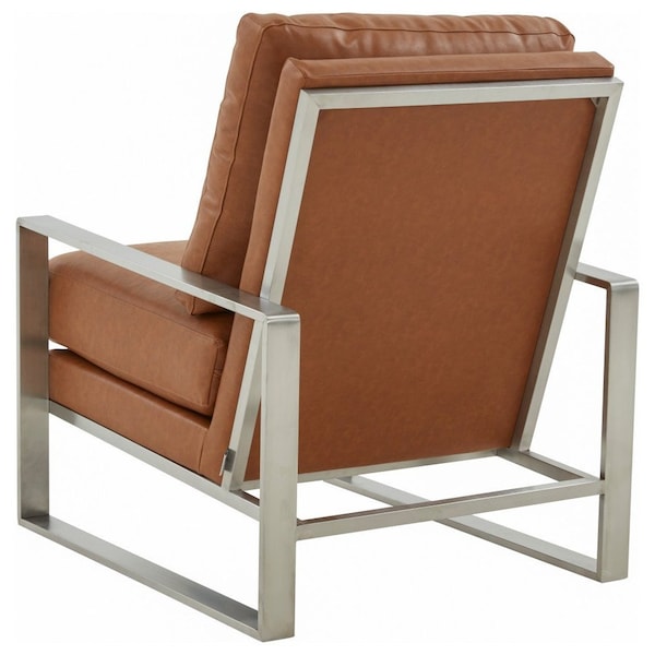 Leisuremod Jefferson Leather Armchair with Silver Frame, Round Coffee Table with Glass Top, Cognac Tan - JAS29MD39BR2-L
