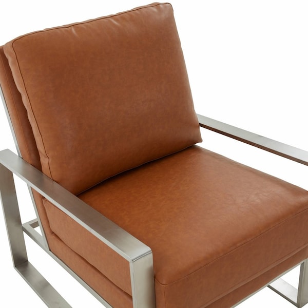 Leisuremod Jefferson Leather Armchair with Silver Frame, Round Coffee Table with Glass Top, Cognac Tan - JAS29MD39BR2-L