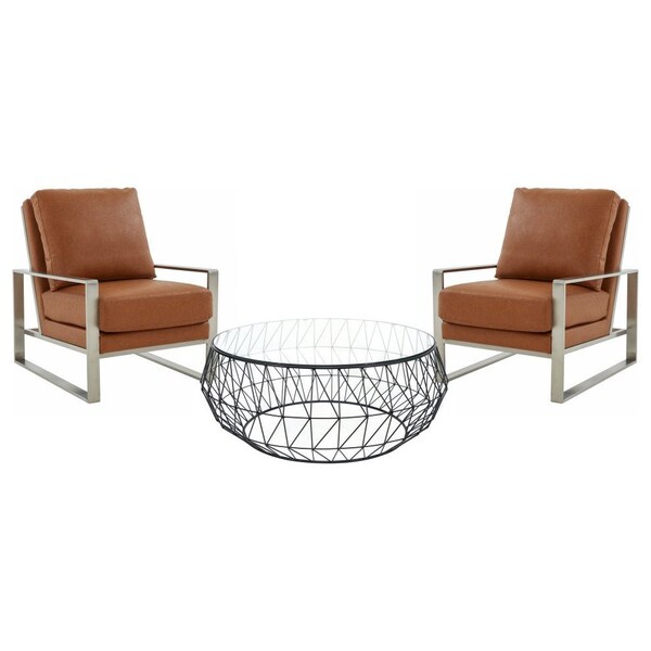 Leisuremod Jefferson Leather Armchair with Silver Frame, Round Coffee Table with Glass Top, Cognac Tan - JAS29MD39BR2-L