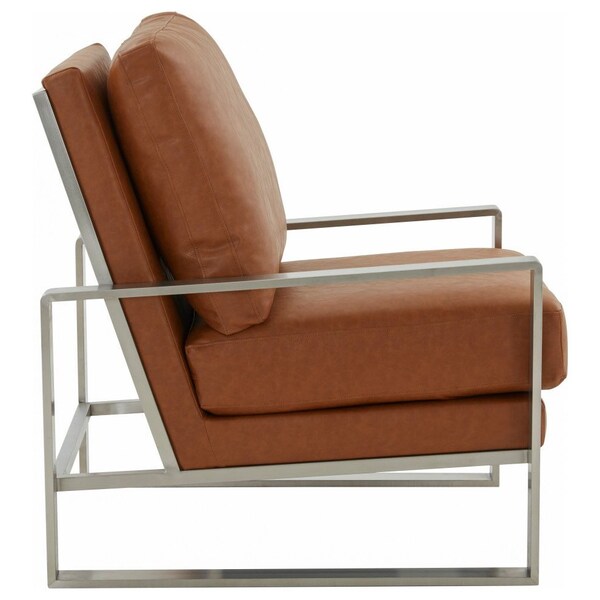 Leisuremod Jefferson Leather Armchair with Silver Frame, Round Coffee Table with Glass Top, Cognac Tan - JAS29MD39BR2-L