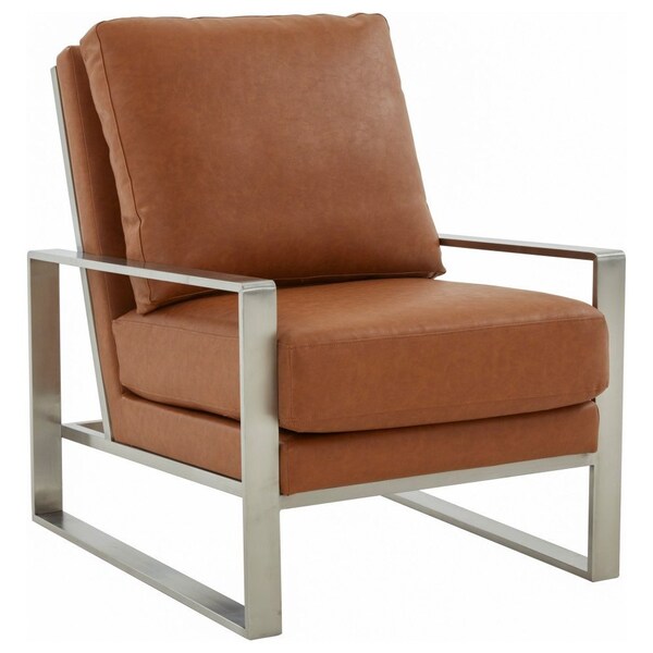 Leisuremod Jefferson Leather Armchair with Silver Frame, Round Coffee Table with Glass Top, Cognac Tan - JAS29MD39BR2-L