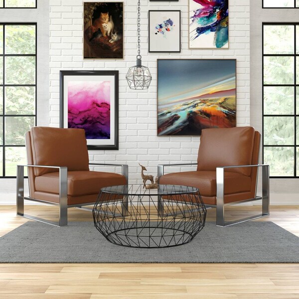 Leisuremod Jefferson Leather Armchair with Silver Frame, Round Coffee Table with Glass Top, Cognac Tan - JAS29MD39BR2-L