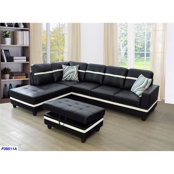 Kd Gabinete Sectional Sofa Set Black with White Stripes - 3 Piece - KD1769299