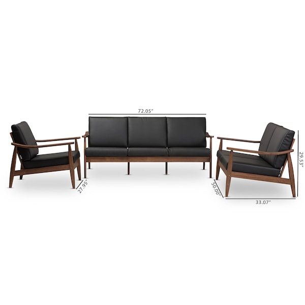 Baxton Studio Venza Walnut Wood Black Faux Leather 3-Piece Livingroom Set - 140-7552-7553-7554