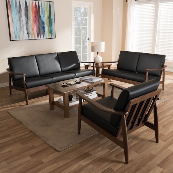 Baxton Studio Venza Walnut Wood Black Faux Leather 3-Piece Livingroom Set - 140-7552-7553-7554