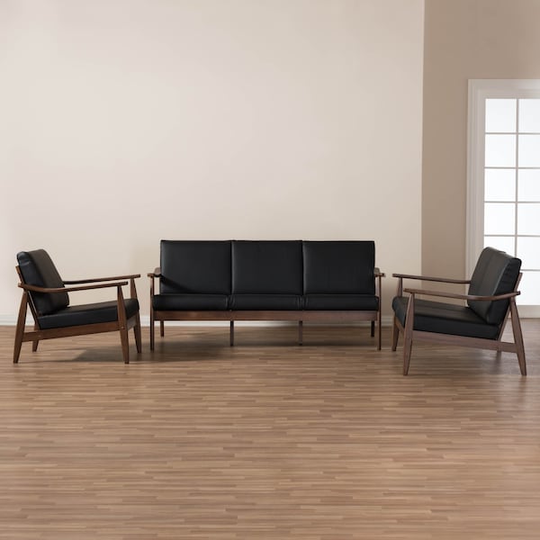 Baxton Studio Venza Walnut Wood Black Faux Leather 3-Piece Livingroom Set - 140-7552-7553-7554