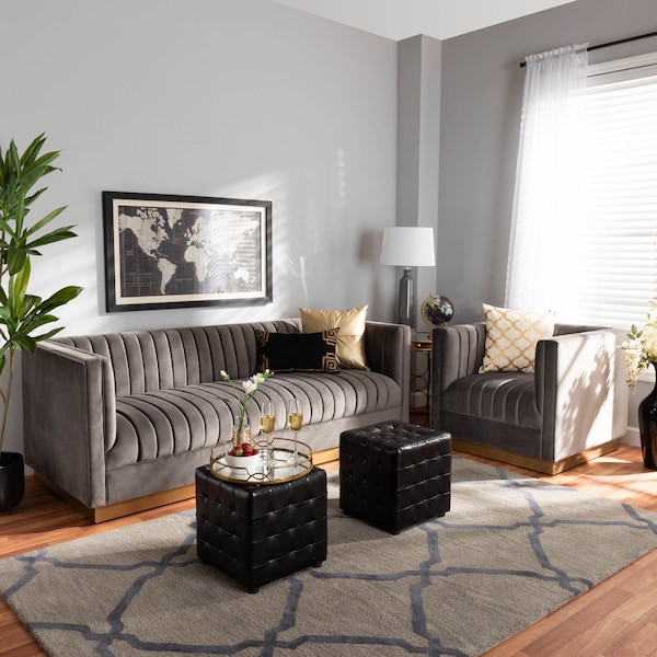 Baxton Studio Aveline Grey Velvet Upholstered Gold Finished 2-Piece Living Room Set - 161-9785-9787