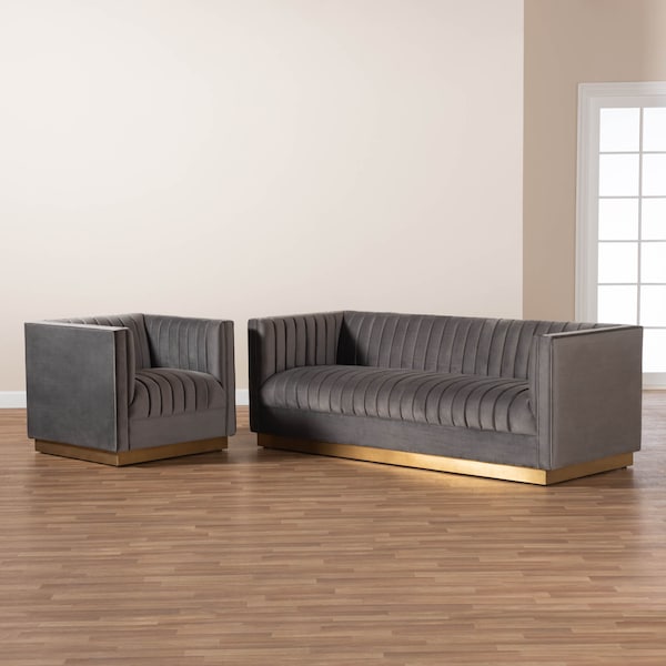 Baxton Studio Aveline Grey Velvet Upholstered Gold Finished 2-Piece Living Room Set - 161-9785-9787