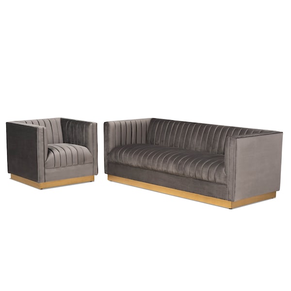 Baxton Studio Aveline Grey Velvet Upholstered Gold Finished 2-Piece Living Room Set - 161-9785-9787