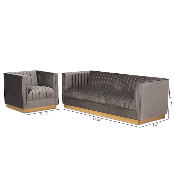 Baxton Studio Aveline Grey Velvet Upholstered Gold Finished 2-Piece Living Room Set - 161-9785-9787
