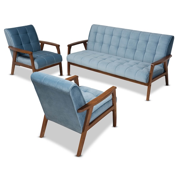 Baxton Studio Asta Light Blue Velvet Walnut Finished Wood 3-PC Living Room Set - 160-9942-9944