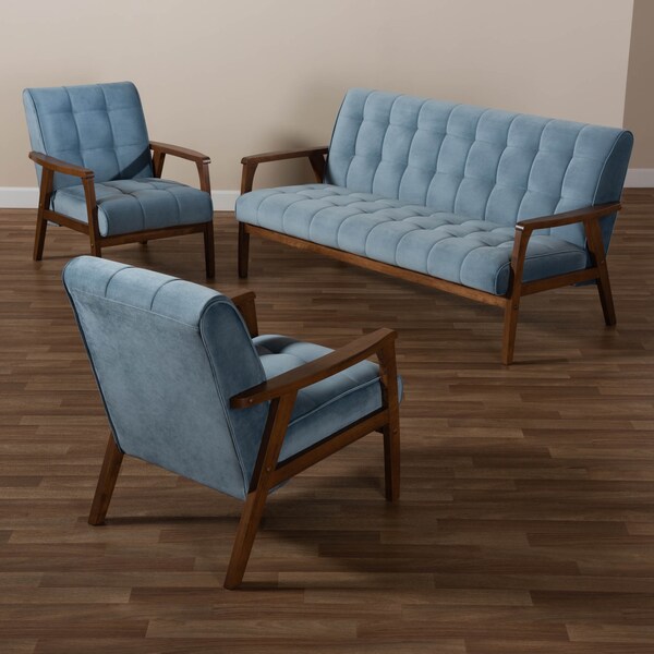 Baxton Studio Asta Light Blue Velvet Walnut Finished Wood 3-PC Living Room Set - 160-9942-9944