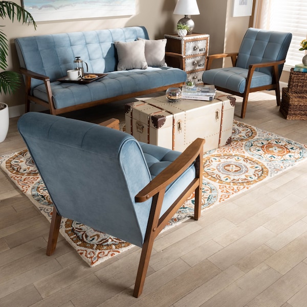 Baxton Studio Asta Light Blue Velvet Walnut Finished Wood 3-PC Living Room Set - 160-9942-9944