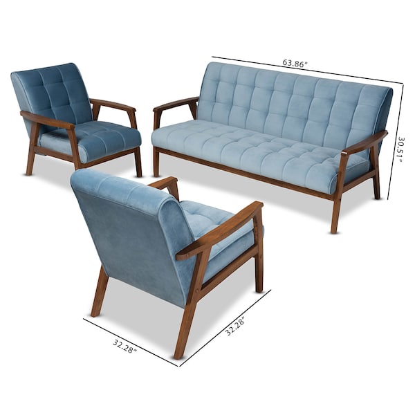 Baxton Studio Asta Light Blue Velvet Walnut Finished Wood 3-PC Living Room Set - 160-9942-9944