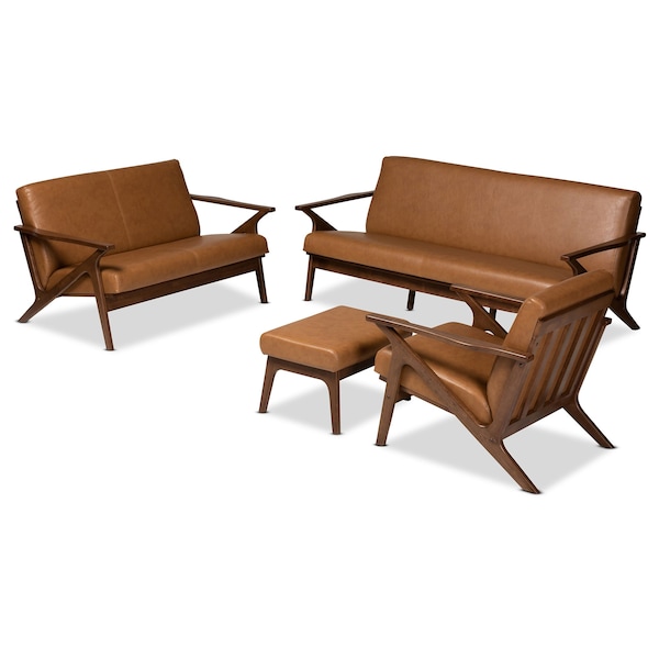 Baxton Studio Bianca Mid-Century Modern Walnut Brown Finished Wood and Tan Faux Leather 4-Piece Living Room Set - 190-11392-11393-11394-11484-ZORO