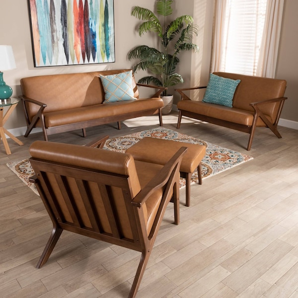 Baxton Studio Bianca Mid-Century Modern Walnut Brown Finished Wood and Tan Faux Leather 4-Piece Living Room Set - 190-11392-11393-11394-11484-ZORO