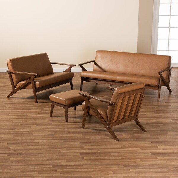Baxton Studio Bianca Mid-Century Modern Walnut Brown Finished Wood and Tan Faux Leather 4-Piece Living Room Set - 190-11392-11393-11394-11484-ZORO