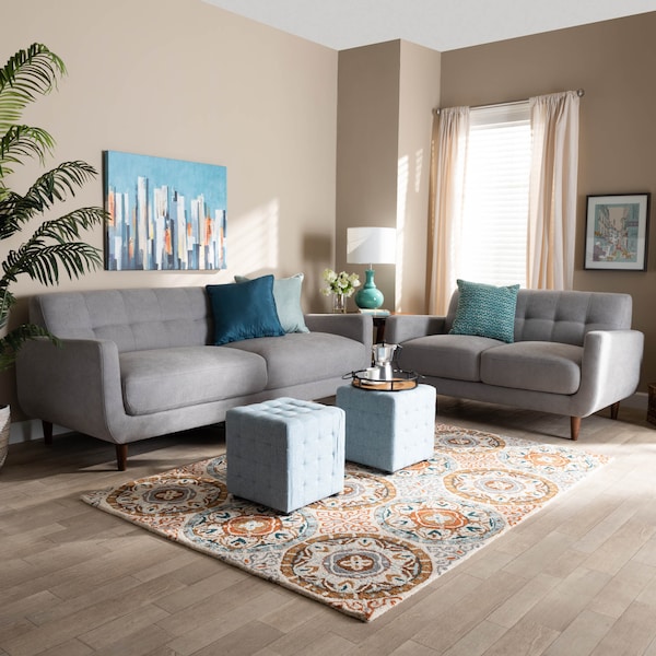 Baxton Studio Allister Mid-Century Light Grey Upholstered 2-Piece Living Room Set - 158-9748-9749