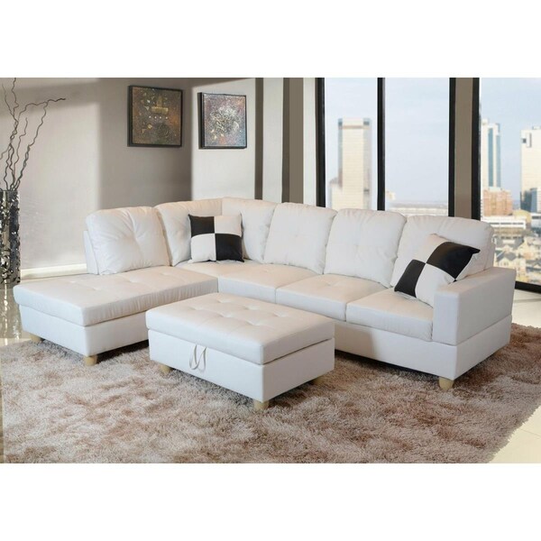 Golden Coast Furniture Beverly Fine Furniture Left Facing Russes Sectional Sofa Set with Ottoman, White - F092A