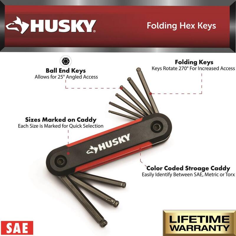 Llave hexagonal plegable de extremo esférico Husky (9 piezas SAE y 8 piezas MM) - HBEFHKSM17PC-06