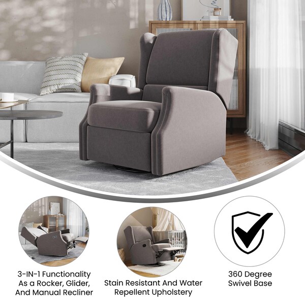 Flash Furniture Omma Swivel Glider Rocker Recliner Chair, Manual 360 Degree Swivel Wingback Recliner, Dark Gray - CY-RAC-537-DKGRY-GG